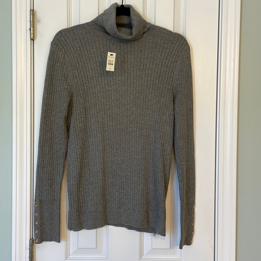 Talbots Grey Turtleneck Sweater with Gold Button Detail
